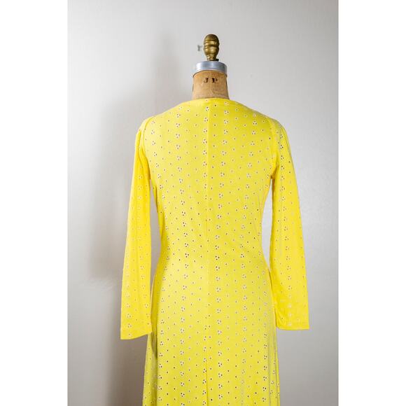 Vintage 70s Yellow Eyelet Lace Cotton Maxi Dress Lace Up Bodice, Hippie Boho SM - Picture 11 of 12